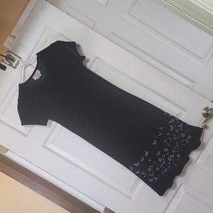 Little Girl's Dress stretchy navy Velvet with sparkly floral / butterfly hem